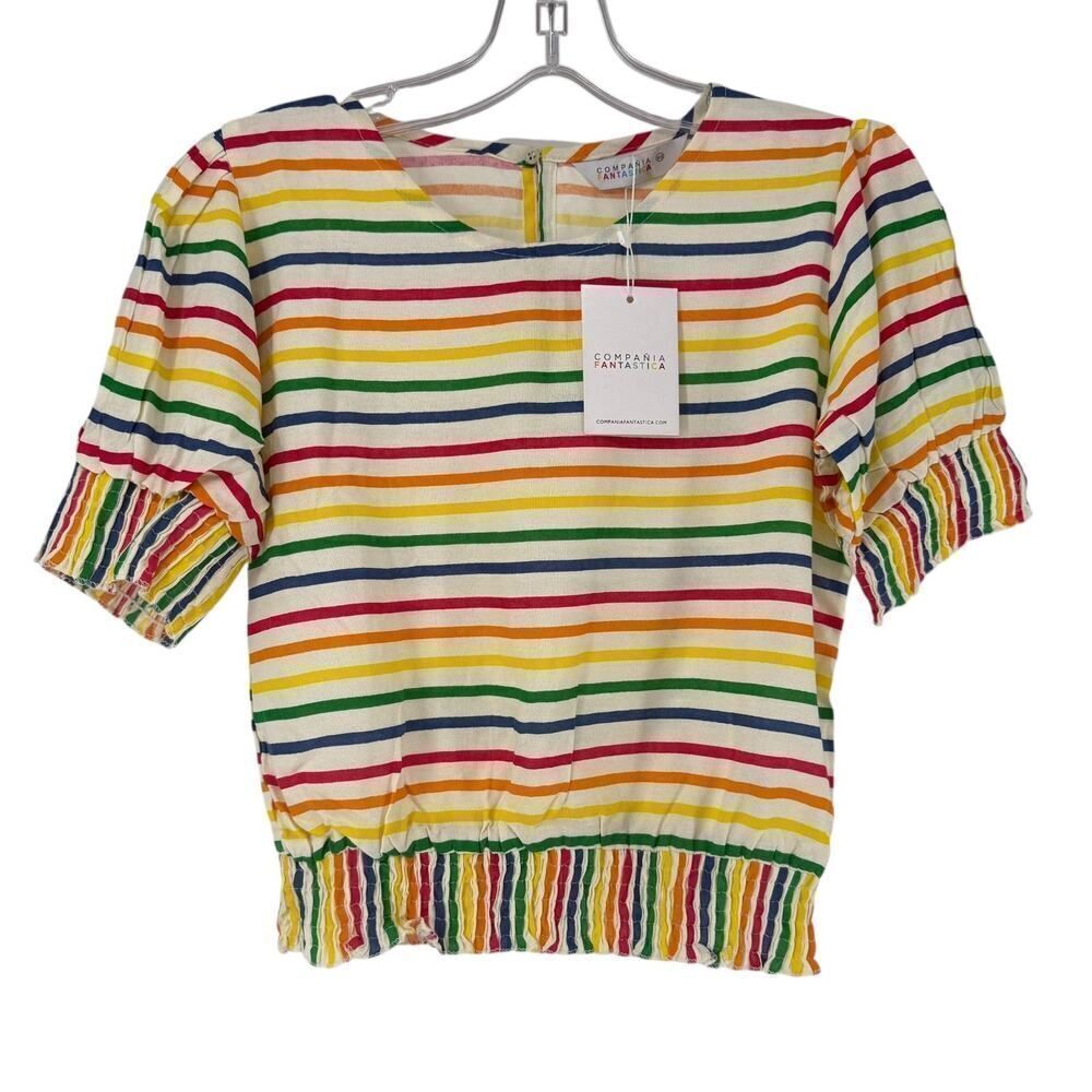 Compania Fantastica Top XS Rainbow Stripe Cropped Short Sleeve New Smocked Fun